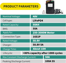 Load image into Gallery viewer, 48V 50AH Bicycle Battery LiFePO4 Electric Bicycle Bike Scooter Battery 48 Volt 50A BMS