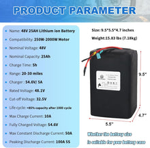 Load image into Gallery viewer, 48v 25ah Lithium Li-ion 48V Ebike Battery Pack fit for 1000W Motor Scooter 50A BMS