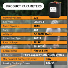 Load image into Gallery viewer, Ebike Battery 52V 20AH Lithium Lifepo4 Battery Pack for Electric Bike Bicycle Scooter 1000W Motor