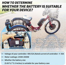 Load image into Gallery viewer, 48v 25ah Lithium Lifepo4 Ebike Battery Pack fit for 1000W Motor Scooter 50A BMS