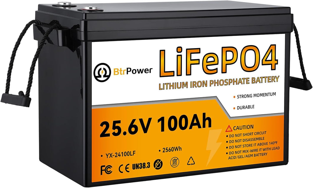 24V 100Ah LiFePO4 Lithium BtrPower Battery for RV Marine Solar System 100A BMS