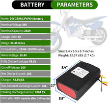 Load image into Gallery viewer, 36V 25Ah Ebike Battery Pack Lithium LiFePO4 for Scooter Electric Bike 30A BMS
