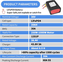 Load image into Gallery viewer, 36V 20Ah Lifepo4 Ebike Battery Pack for Electric Bicycle Scooter 500W 750W Motor
